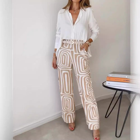 Traje de camisa de manga larga con solapa informal estampada y pantalones de pierna ancha para mujer