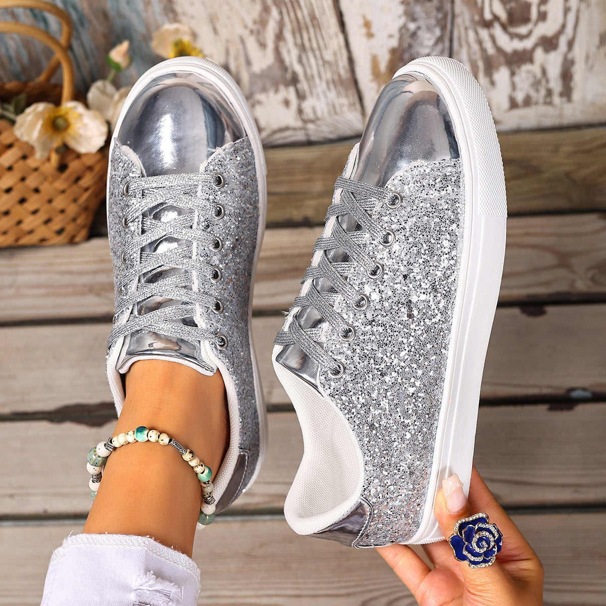 Zapatos de talla grande con cordones delanteros con lentejuelas de color liso