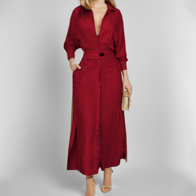 Robe chemise élégante à manches longues, unie et cintrée pour femme