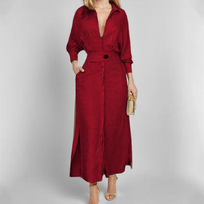 Robe chemise élégante à manches longues, unie et cintrée pour femme