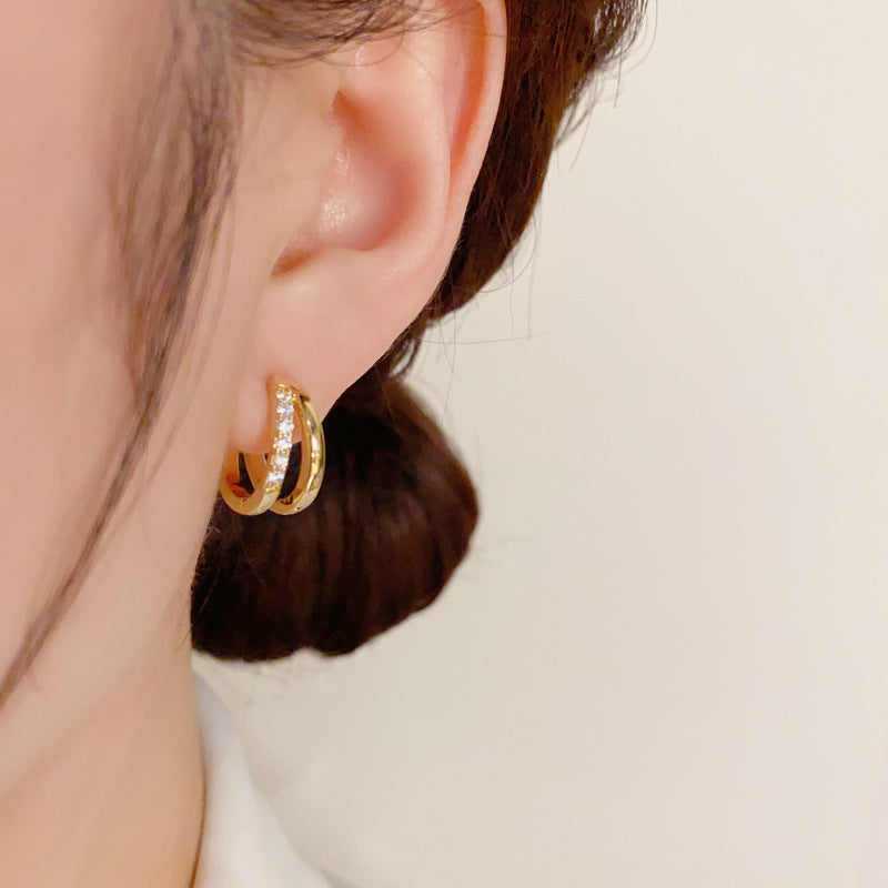 Boucle d'oreille double couche creuse en zircon en forme de cercle, style japonais et coréen, à la mode et élégante