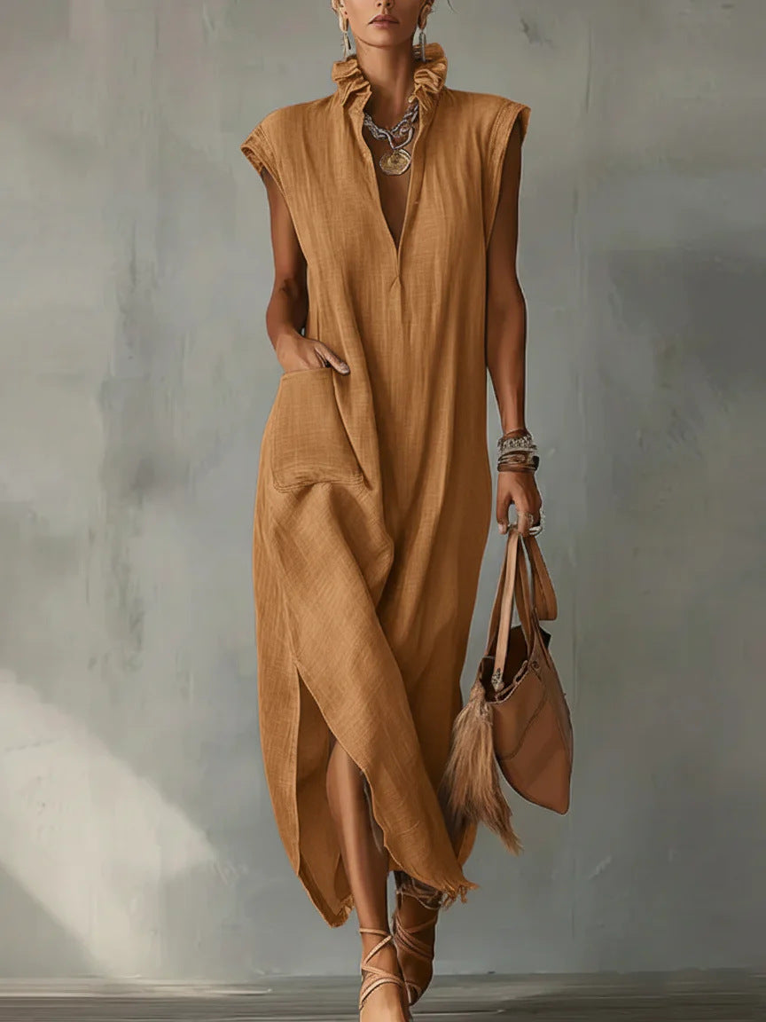 Robe unie sans manches en coton et lin pour femme