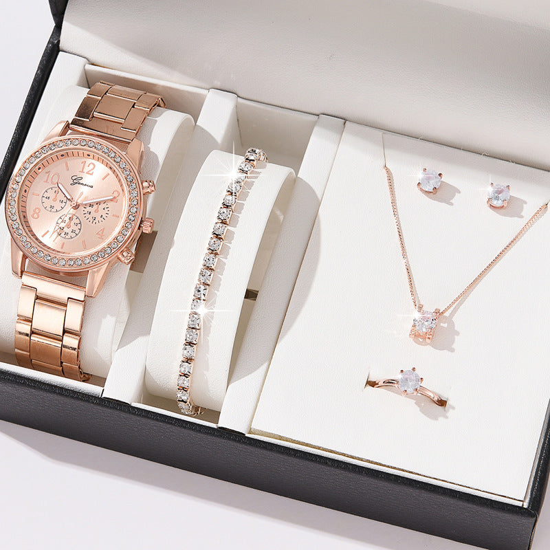 Reloj de cuarzo de tres ojos para mujer con incrustaciones de diamantes