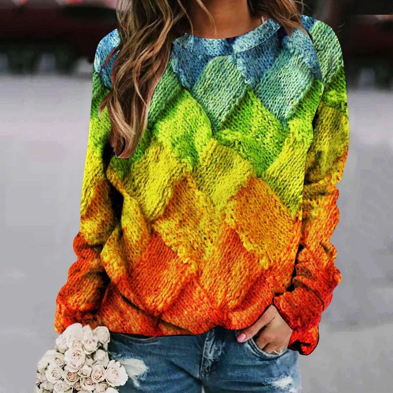 Pull femme à manches longues raglan, col rond et imprimé patchwork