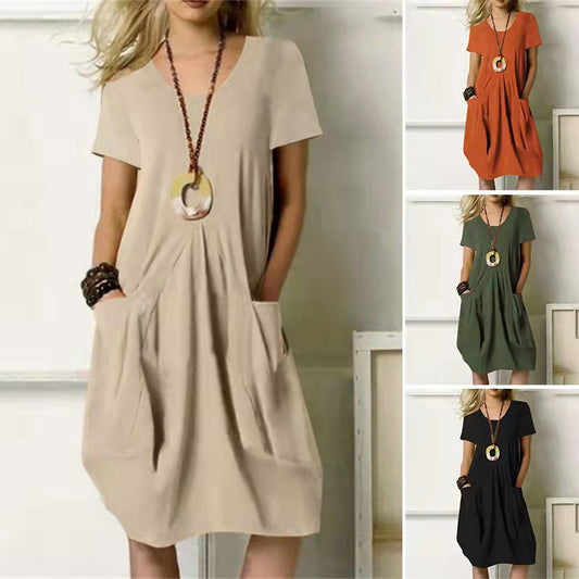 Vestido de manga corta con cuello redondo suelto de color liso de algodón y lino