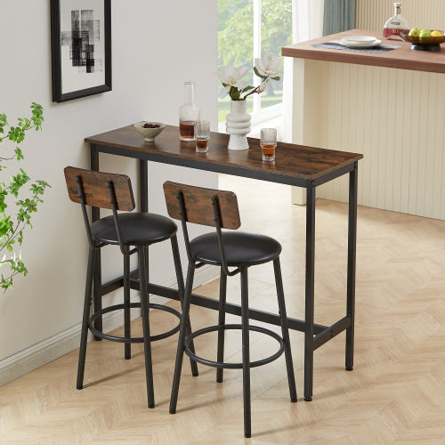Juego de Mesa de Bar con 2 Taburetes de Bar Asiento Suave de PU con Respaldo, Marrón Rústico