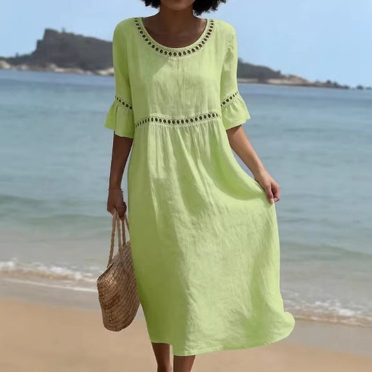 Vestido de manga tres cuartos liso elegante informal con cuello redondo