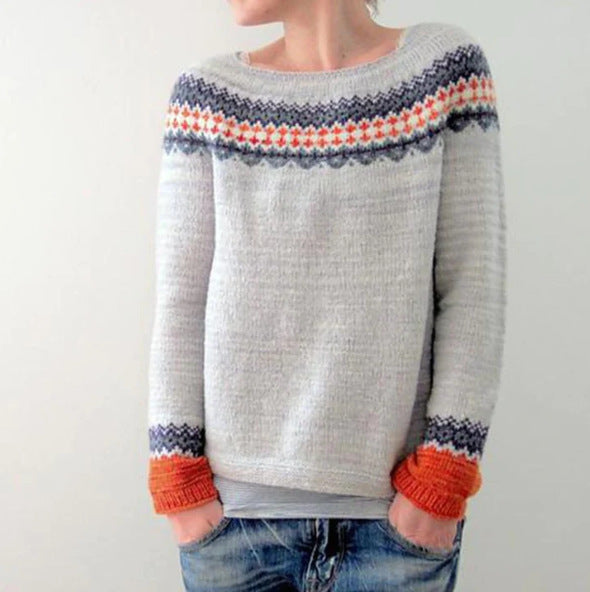 Pull en maille décontracté ample à col rond multicolore pour femme