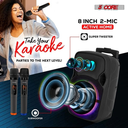 5Core 8 Inch PA Portable Bluetooth Party Speaker Karaoke Boombox + 2