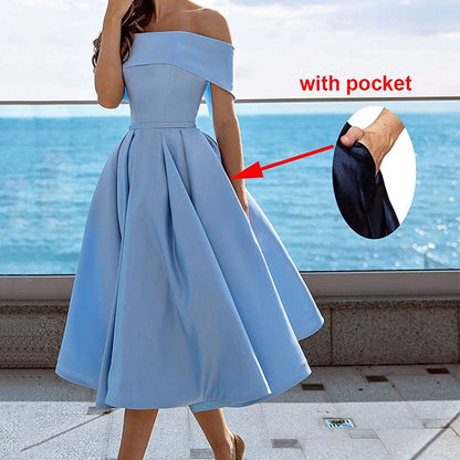 Robe de Soirée Formelle en Satin pour Femme sans Bretelles, Coupe Décontractée, Longueur Thé, Épaules Dénudées, avec Poches