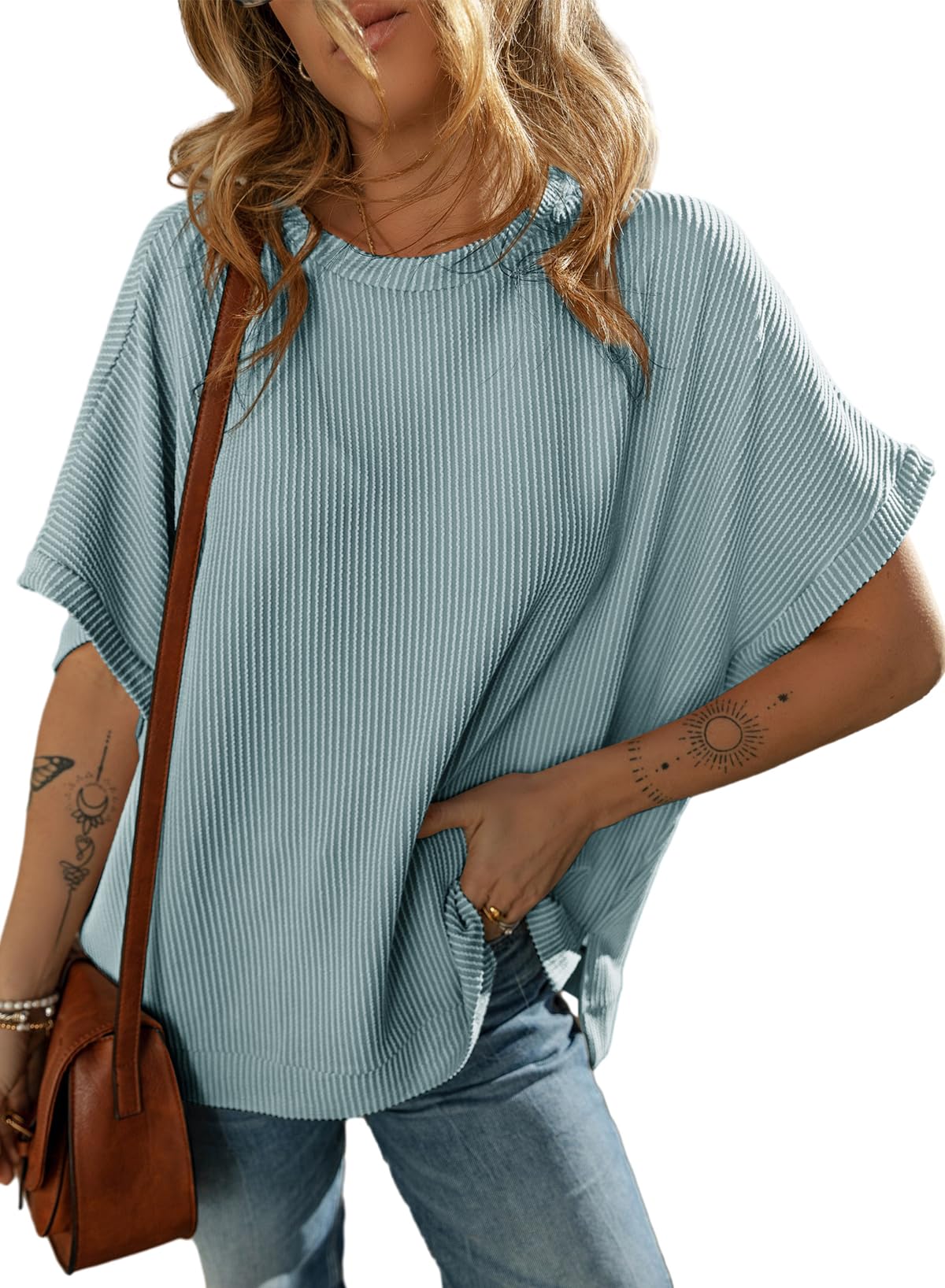 T-shirt en tricot couleur unie pour femme, pull ample et décontracté