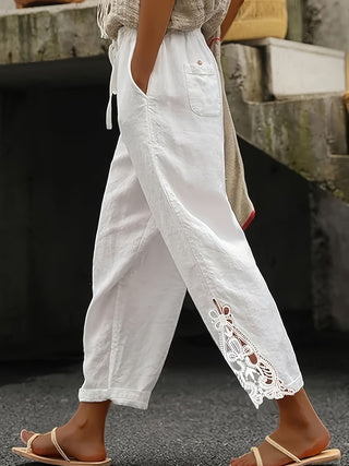 Pantalon droit décontracté en dentelle avec cordon de serrage pour femme