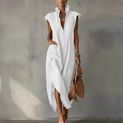 Robe unie sans manches en coton et lin pour femme
