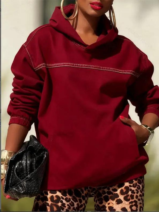 Vintage Distressed Denim Hooded Sweatshirt Relaxed Fit burgundy with front pocket