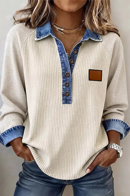 Stretchy ribbed knit button-front top with denim contrast trim beige with blue denim collar placket and cuffs Trendsi