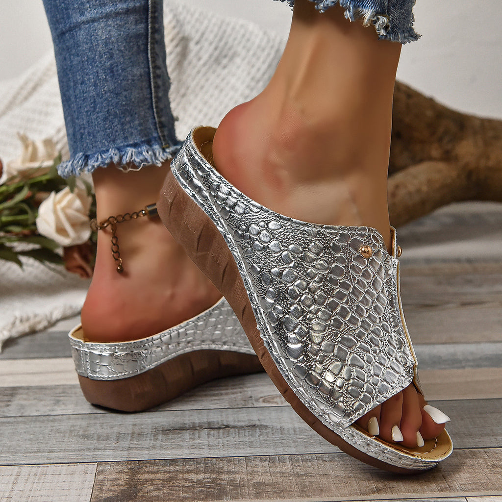 Sandalias de cuña con patrón de cocodrilo a la moda, sandalias de verano para exteriores con suela gruesa, pantuflas tipo boca de pez para mujer