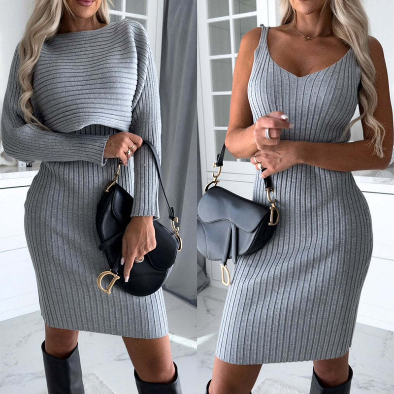 Ensemble 2 pièces pour femme : haut à manches longues à rayures unies et jupe moulante à bretelles - Mode automne-hiver - Coupe ajustée
