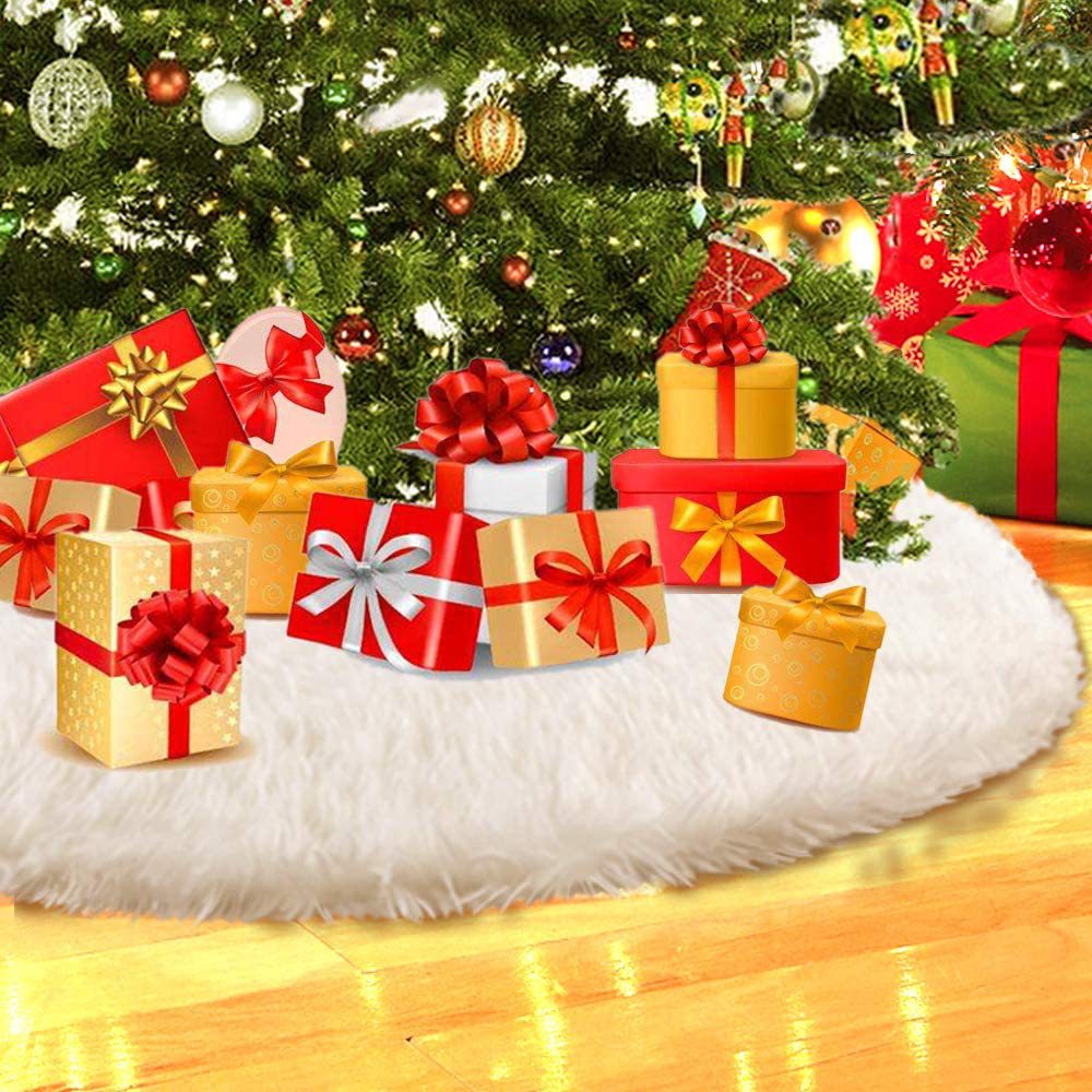 Falda de árbol de Navidad blanca de felpa de piel sintética, alfombra de árbol de Navidad, decoraciones, adorno de Año Nuevo, decoración del hogar