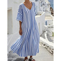Fashionable Womens Striped-Neck Short-Sleeve Loose Plus-Size Dress