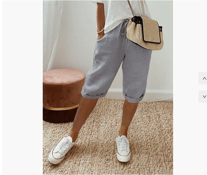 Shorts décontractés en coton et lin avec poches et taille élastique pour femme