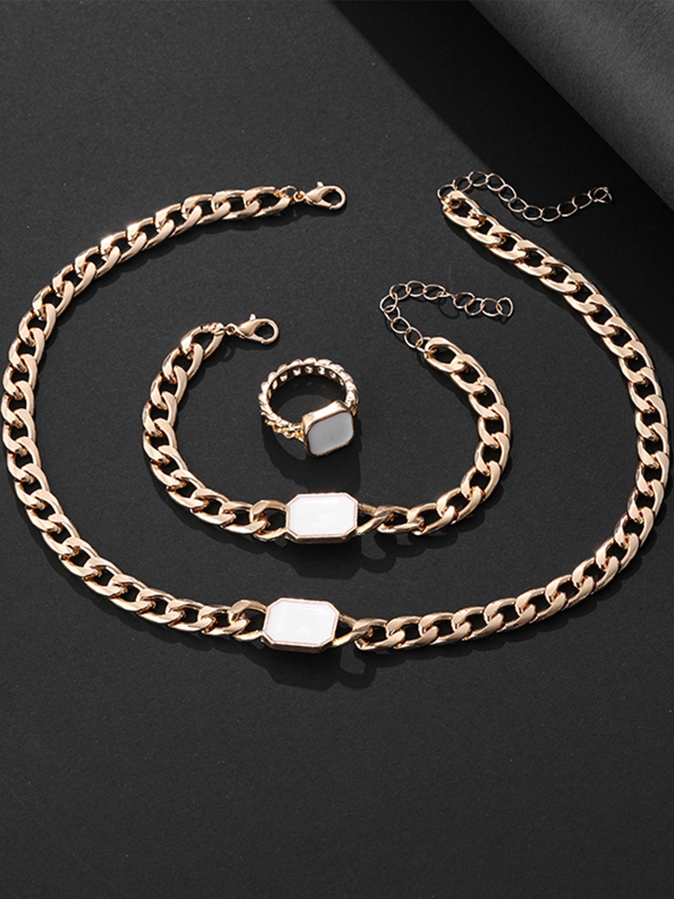 Parure de bijoux géométrique en forme de chaîne, collier, bracelet et bague