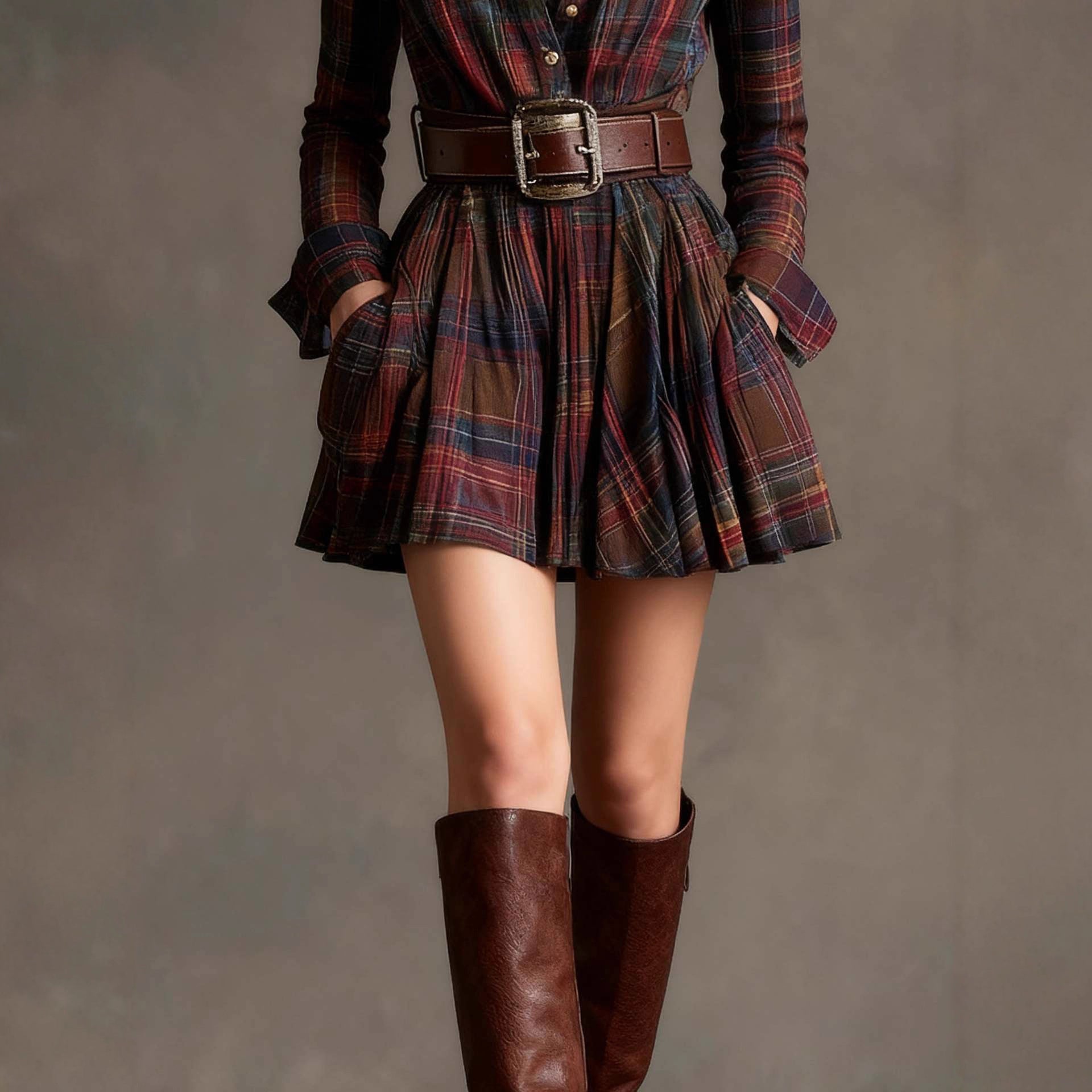 Robe courte élégante à carreaux à manches longues avec ceinture, style européen et américain