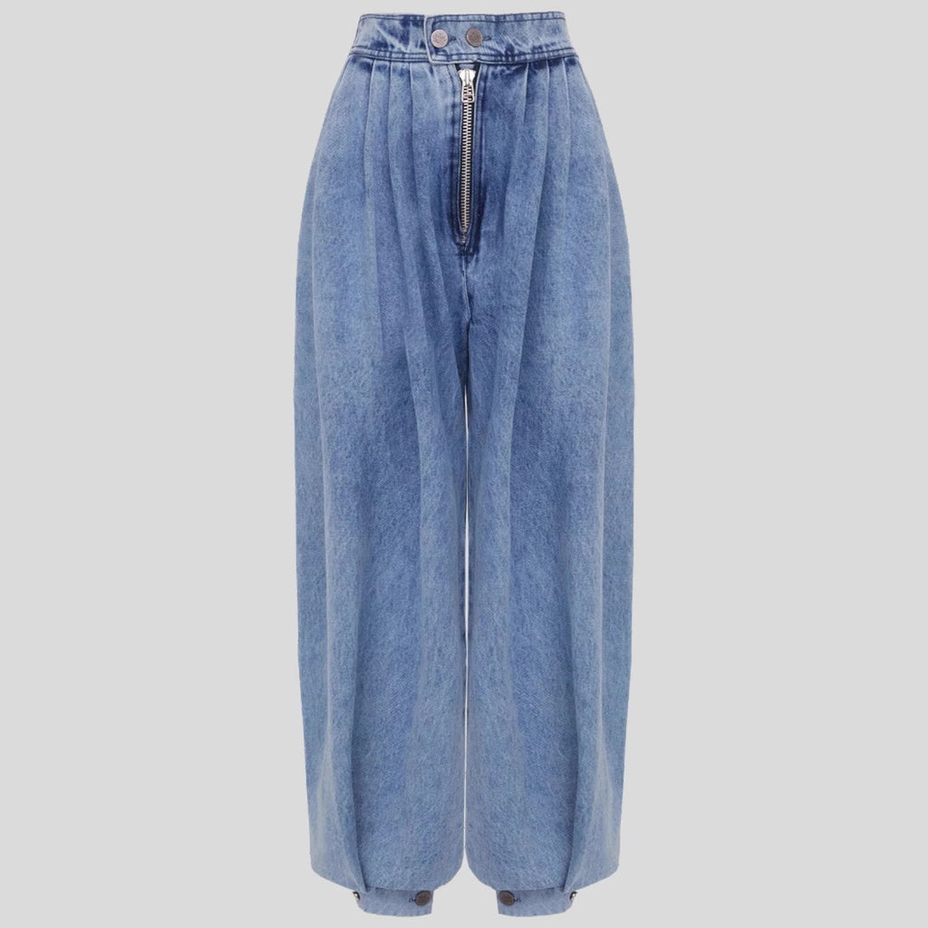 Pantalon Sarouel en Jean Ample Taille Haute avec Fermeture Éclair