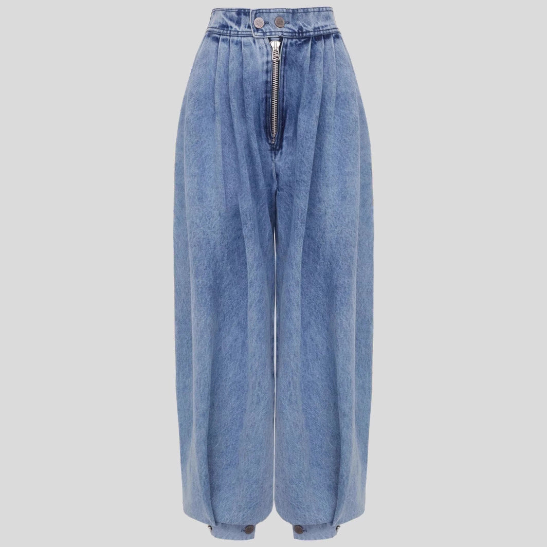 Pantalon Sarouel en Jean Ample Taille Haute avec Fermeture Éclair