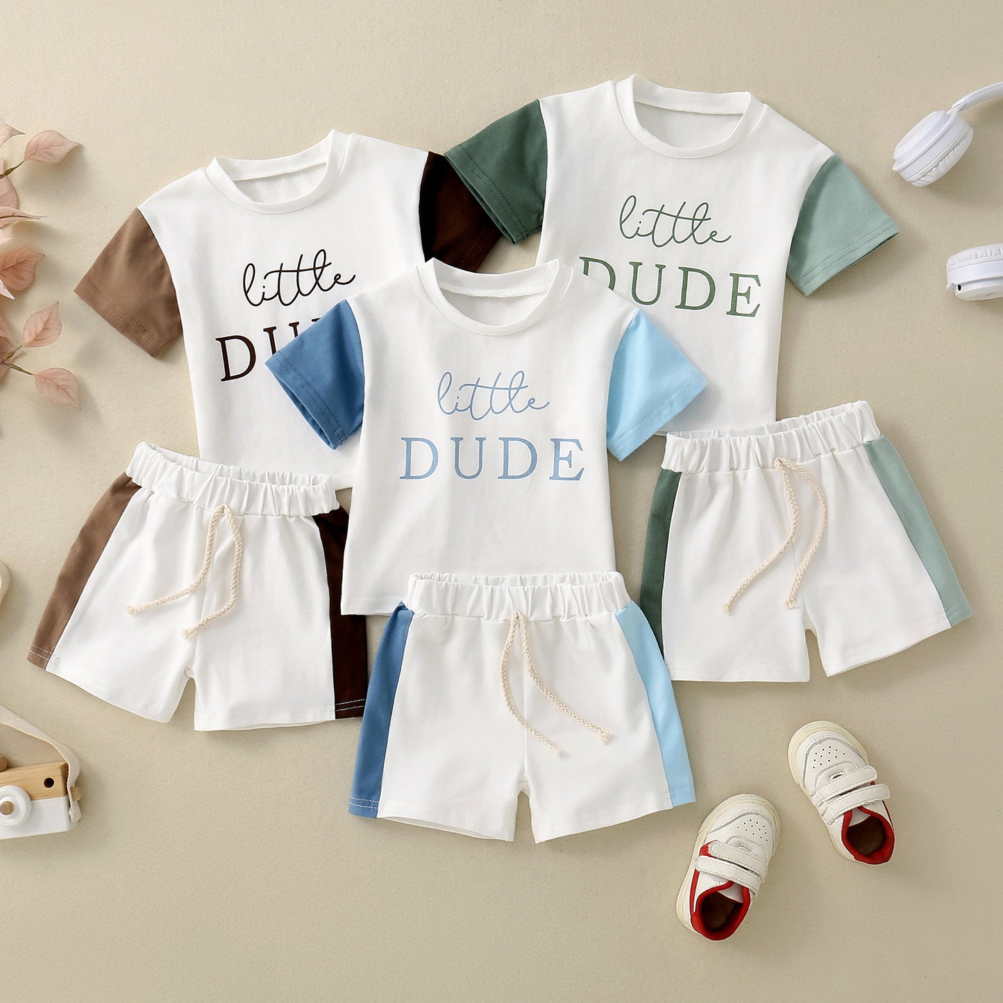 Ensemble T-shirt Enfant Manches Courtes Imprimé Anglais Patchwork Contraste de Couleurs