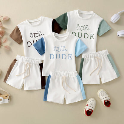 Ensemble T-shirt Enfant Manches Courtes Imprimé Anglais Patchwork Contraste de Couleurs
