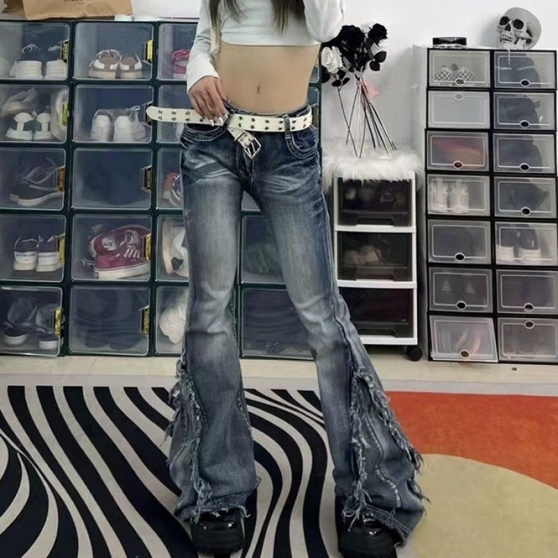 Women's American-style Vintage Vibe Raw-edge Design Slightly Flared Denim Jeans
