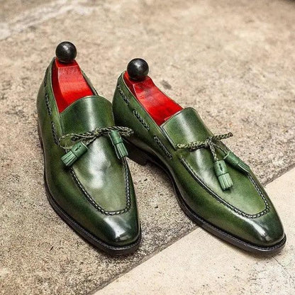 Kensington mens green PU slip-on tassel ankle boots, AdTec loafers with red lining