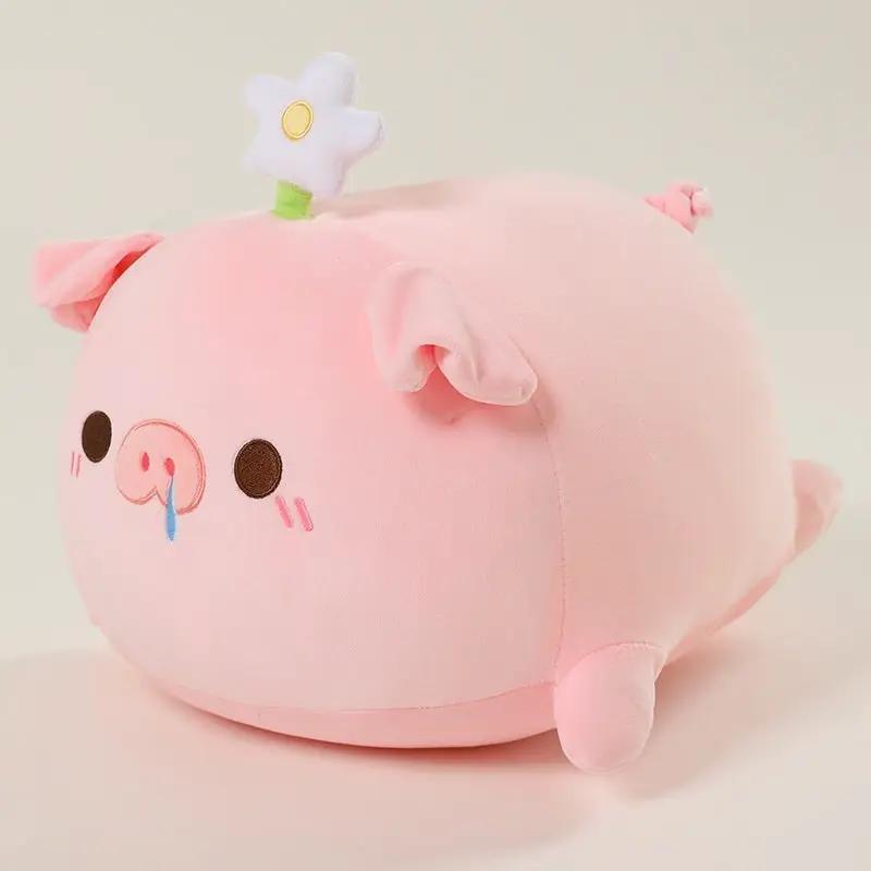 Cute Piggy Plush Hug Pillow, pink AdTec plush with a white flower accessory