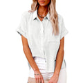 Camisa de manga corta de lino y algodón informal de moda para mujer con bolsillos