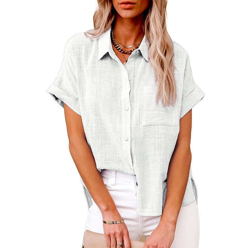 Camisa de manga corta de lino y algodón informal de moda para mujer con bolsillos