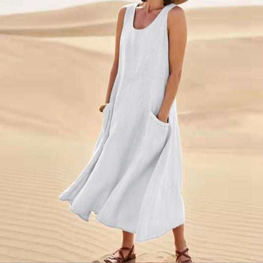 Robe longue d'été sans manches avec poches, Robe décontractée ample pour femmes
