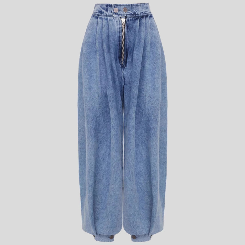 Pantalon Sarouel en Jean Ample Taille Haute avec Fermeture Éclair