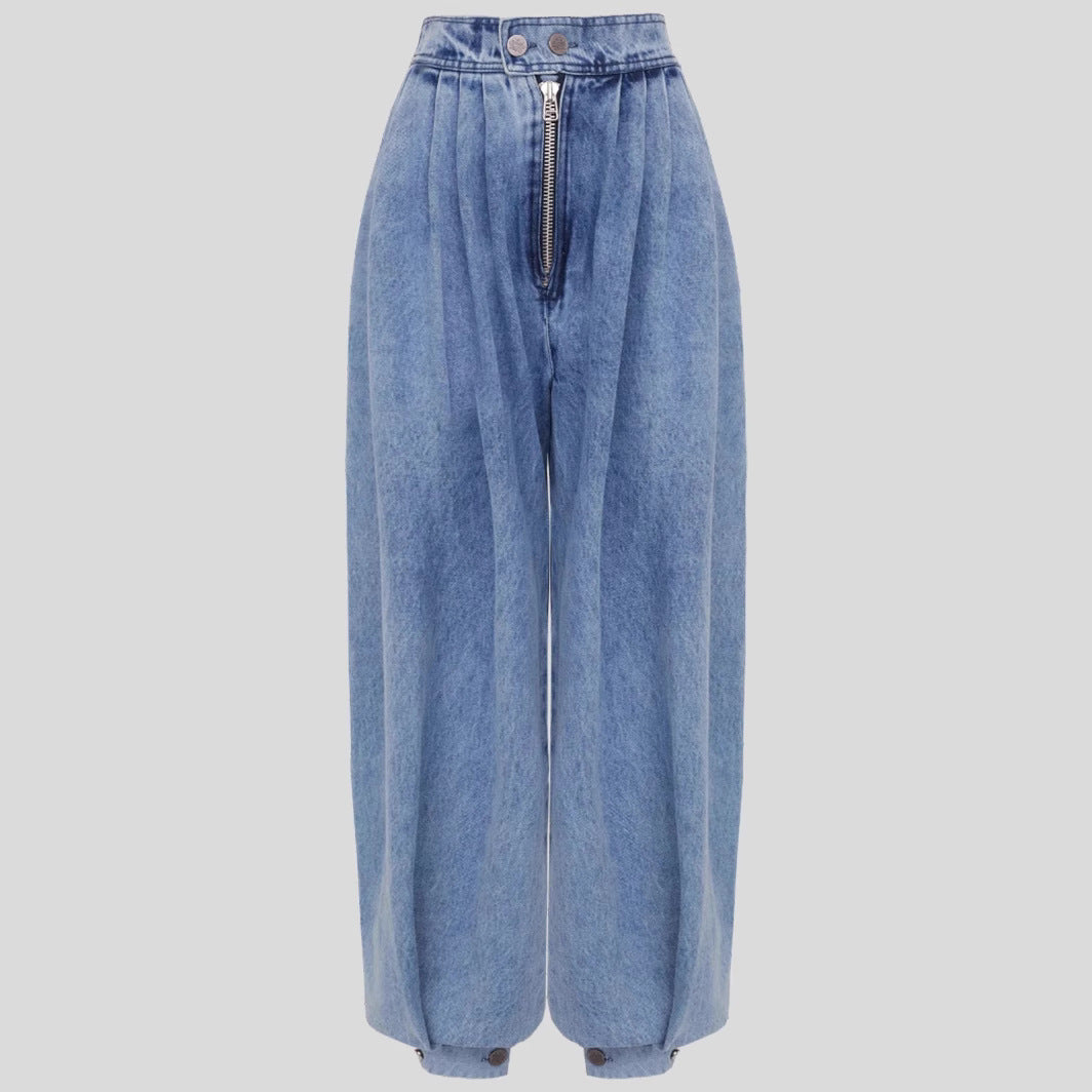Pantalon Sarouel en Jean Ample Taille Haute avec Fermeture Éclair