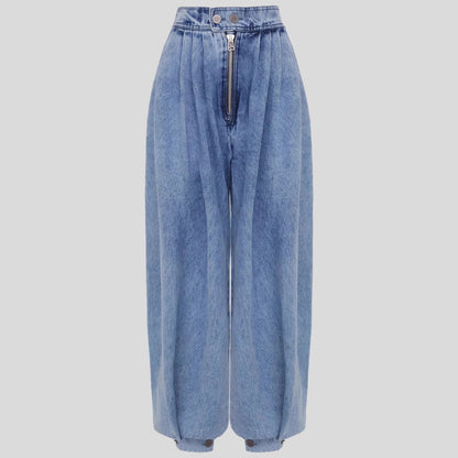 Pantalon Sarouel en Jean Ample Taille Haute avec Fermeture Éclair