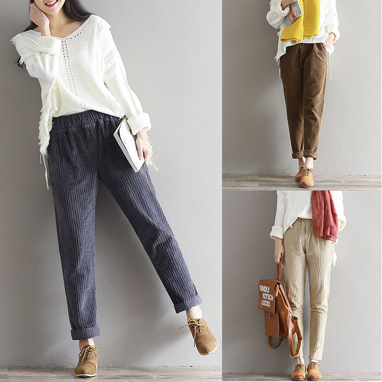 Pantalones de pana finos Art Fan Xian de talla grande para mujer, otoño e invierno, pantalones casuales sueltos