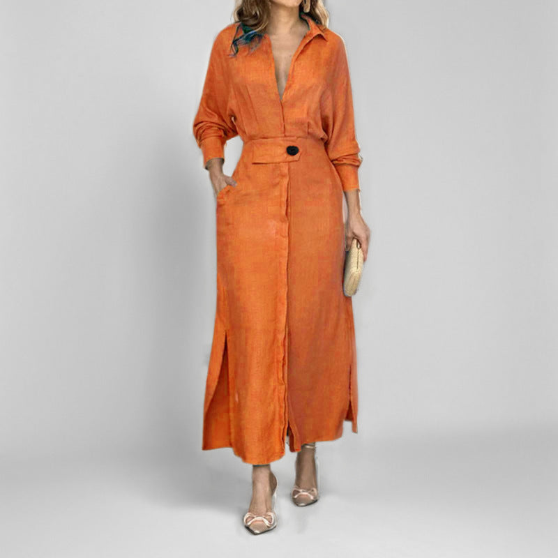Robe chemise élégante à manches longues, unie et cintrée pour femme