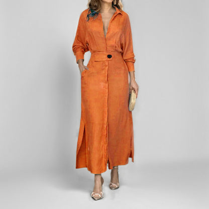 Robe chemise élégante à manches longues, unie et cintrée pour femme