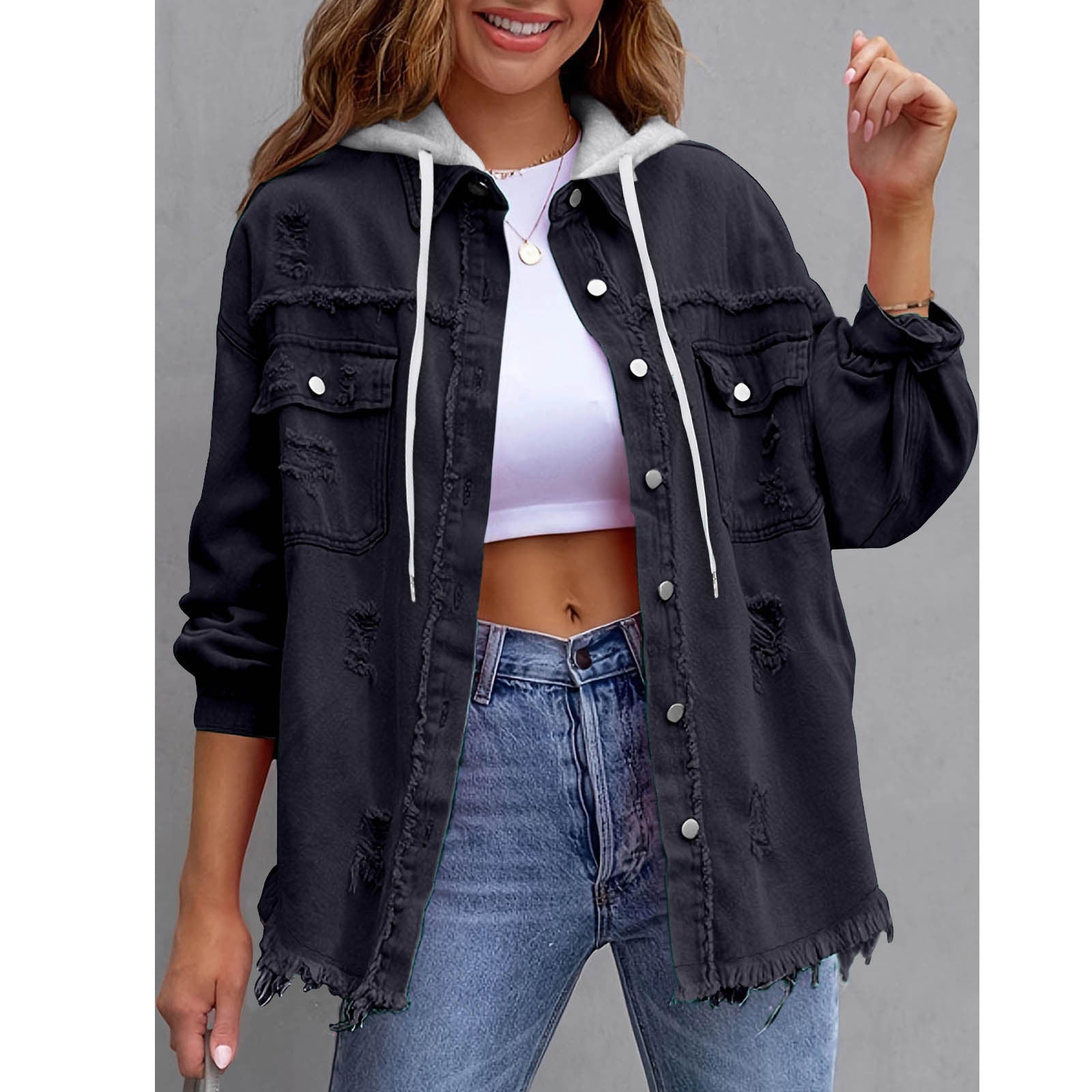 Chaqueta vaquera con capucha holgada de color liso para mujer
