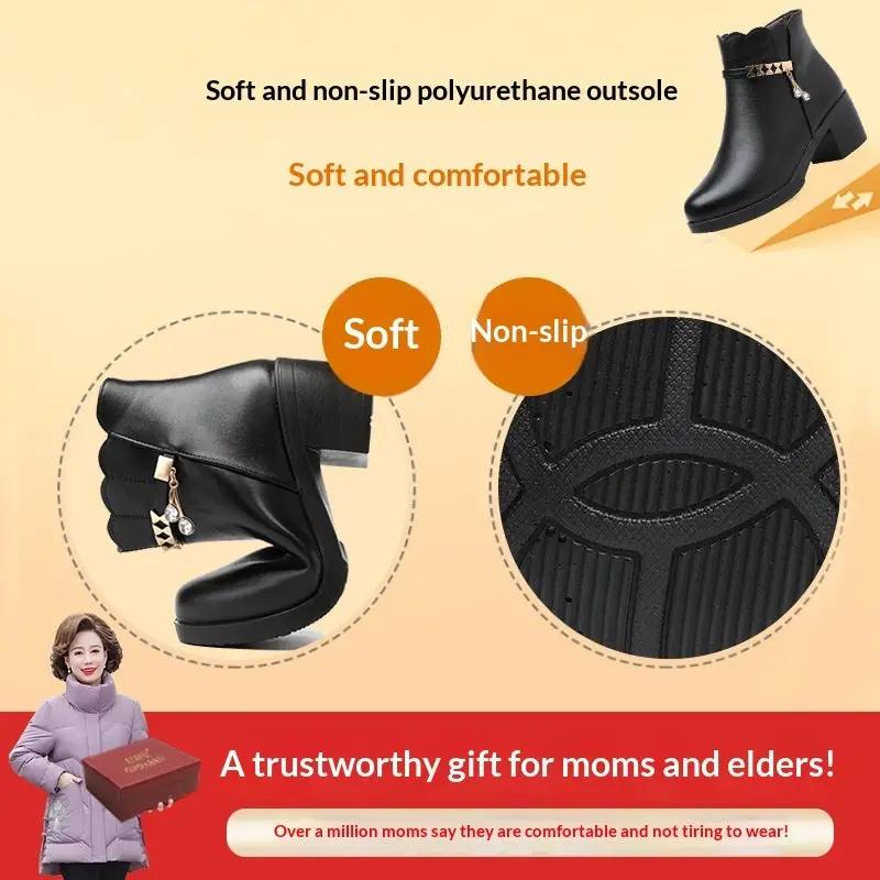 AdTec black leather ankle boots for middle-aged and elderly; warm short boots with anti-slip polyurethane outsole.