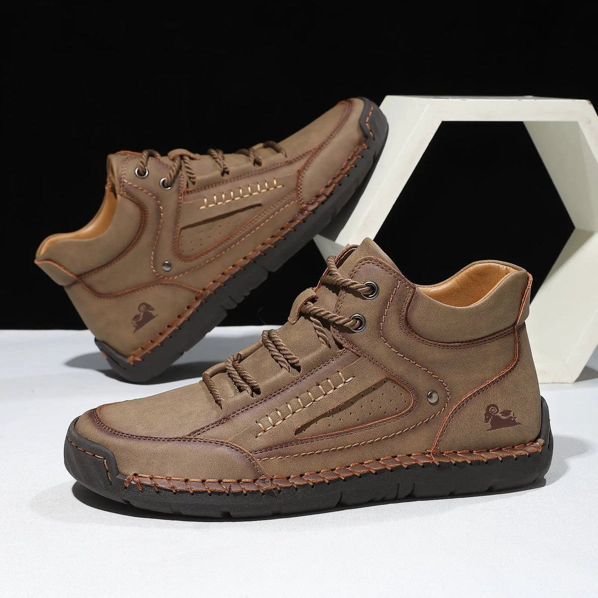 AdTec mens brown leather high-top shoes; breathable, flat-laced pair with black sole (2 shown)