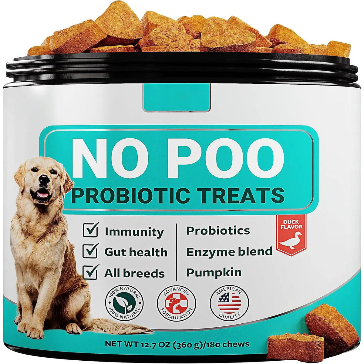 AdTec Pet Intestinal Probiotic Chewable Tablets, white jar with turquoise NO POO label and dog image.