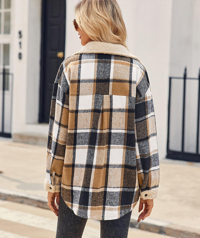 Veste décontractée en velours à col polo et à carreaux de couleur contrastée pour femme