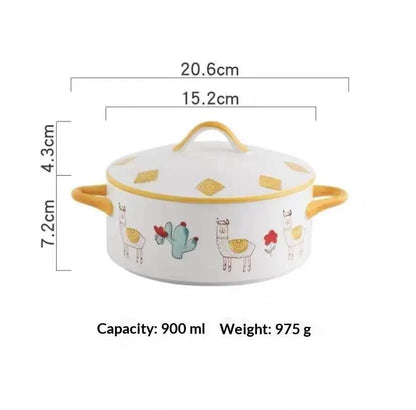 Double-handled ceramic soup bowl with lid by AdTec, white with yellow handles and lid trim, 900 ml capacity.
