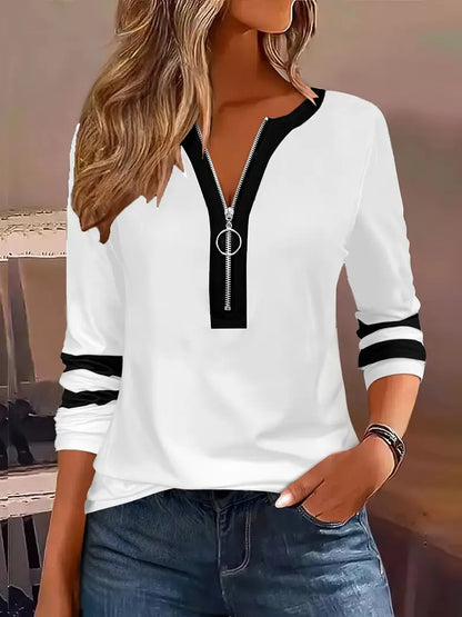 T-shirt à manches longues zippé ample pour femmes, à col en V, avec rayures contrastantes