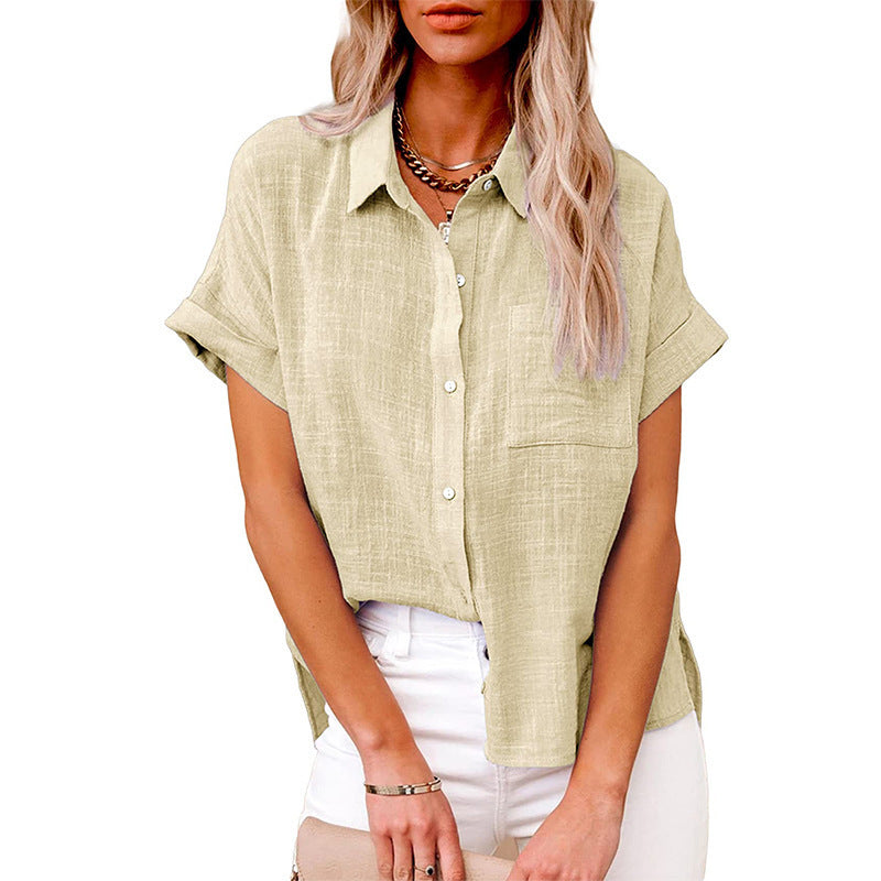 Chemisier Femme Coton Lin Décontracté Manches Courtes à Poche